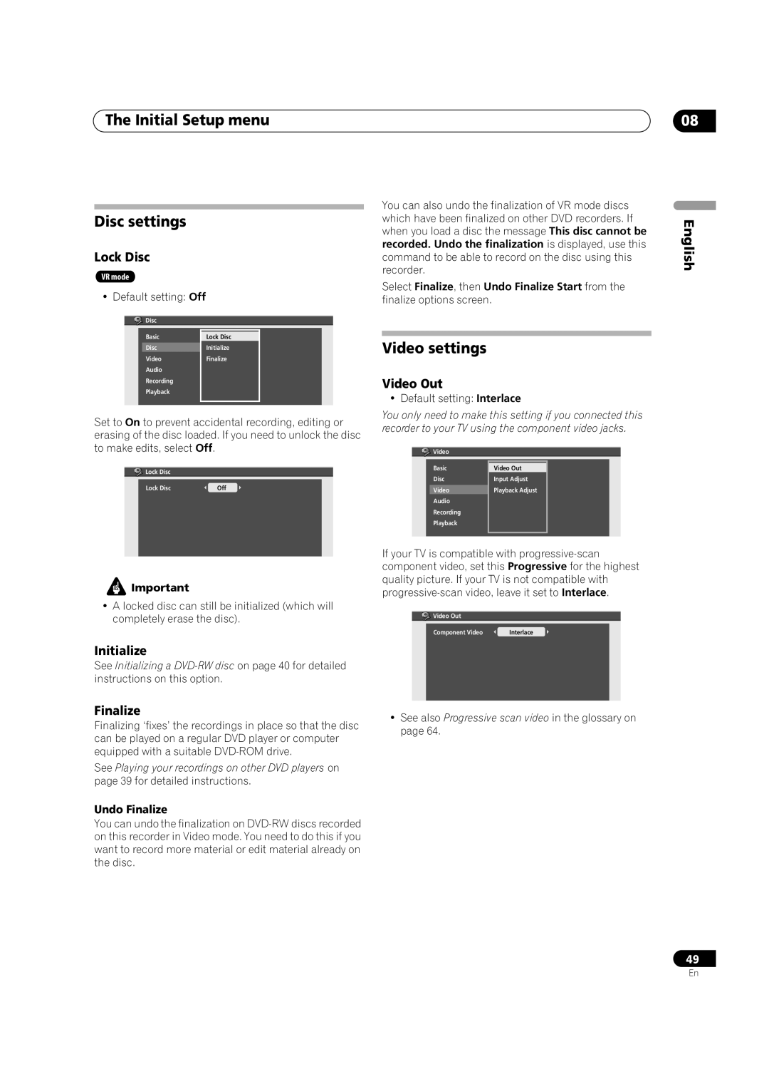 Pioneer DVR-231-S, DVR-231-AV, DVR-233-S manual Initial Setup menu Disc settings, Video settings 