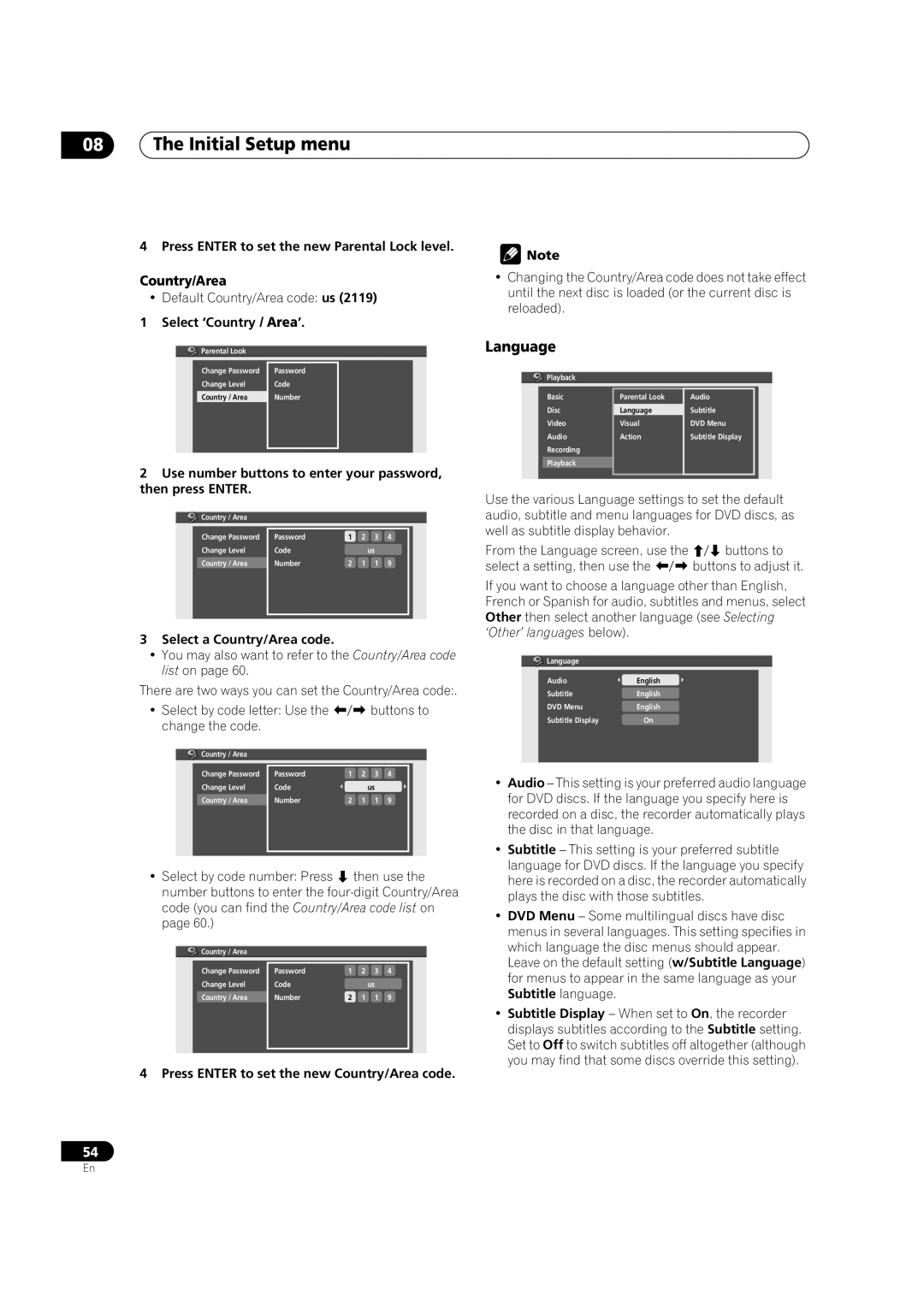 Pioneer DVR-231-AV, DVR-231-S, DVR-233-S manual Language, Country/Area, Select by code letter Use Buttons to Change the code 