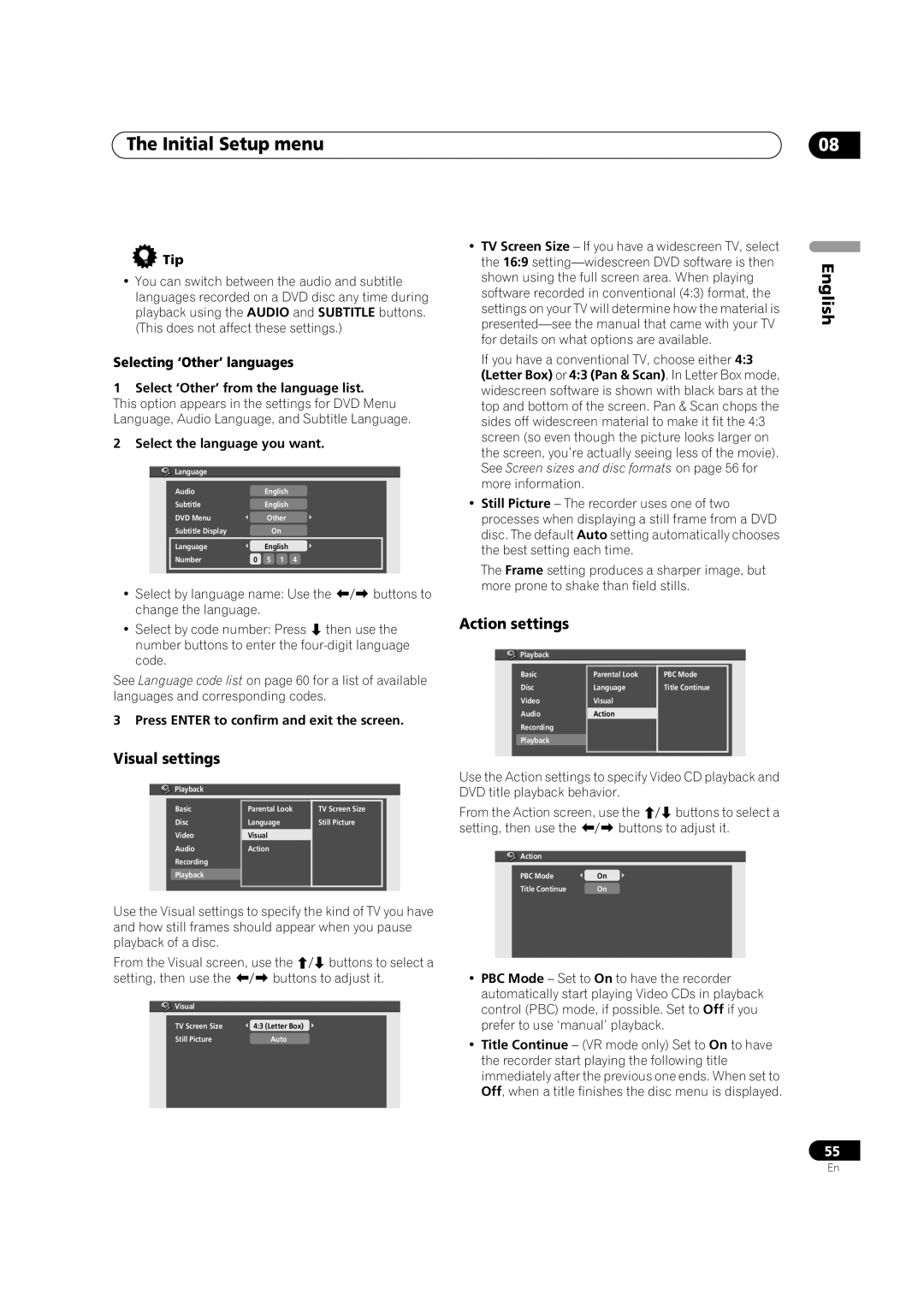 Pioneer DVR-231-S, DVR-231-AV, DVR-233-S manual Visual settings, Action settings, Selecting ‘Other’ languages 