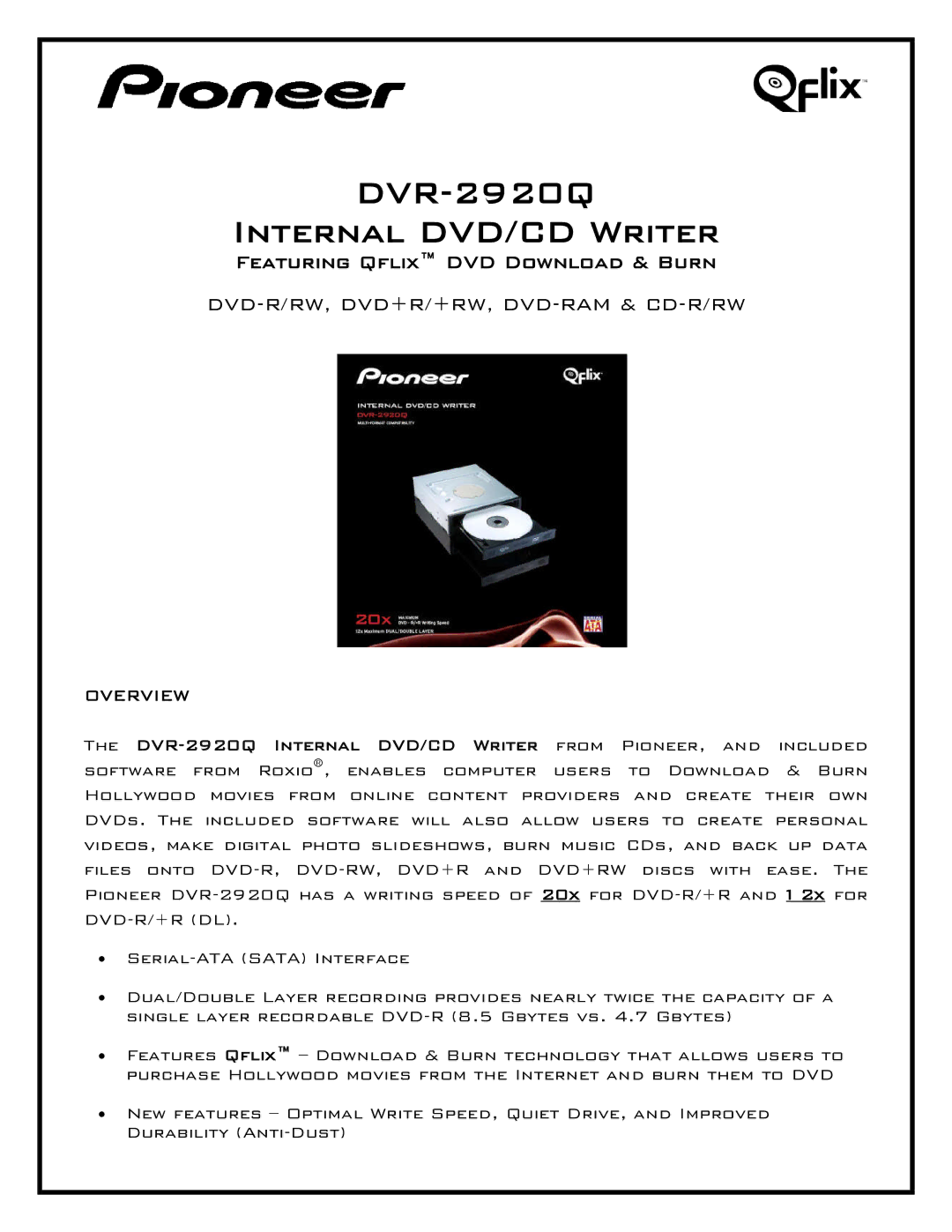 Pioneer manual DVR-2920Q Internal DVD/CD Writer, Featuring Qflix DVD Download & Burn, Overview 