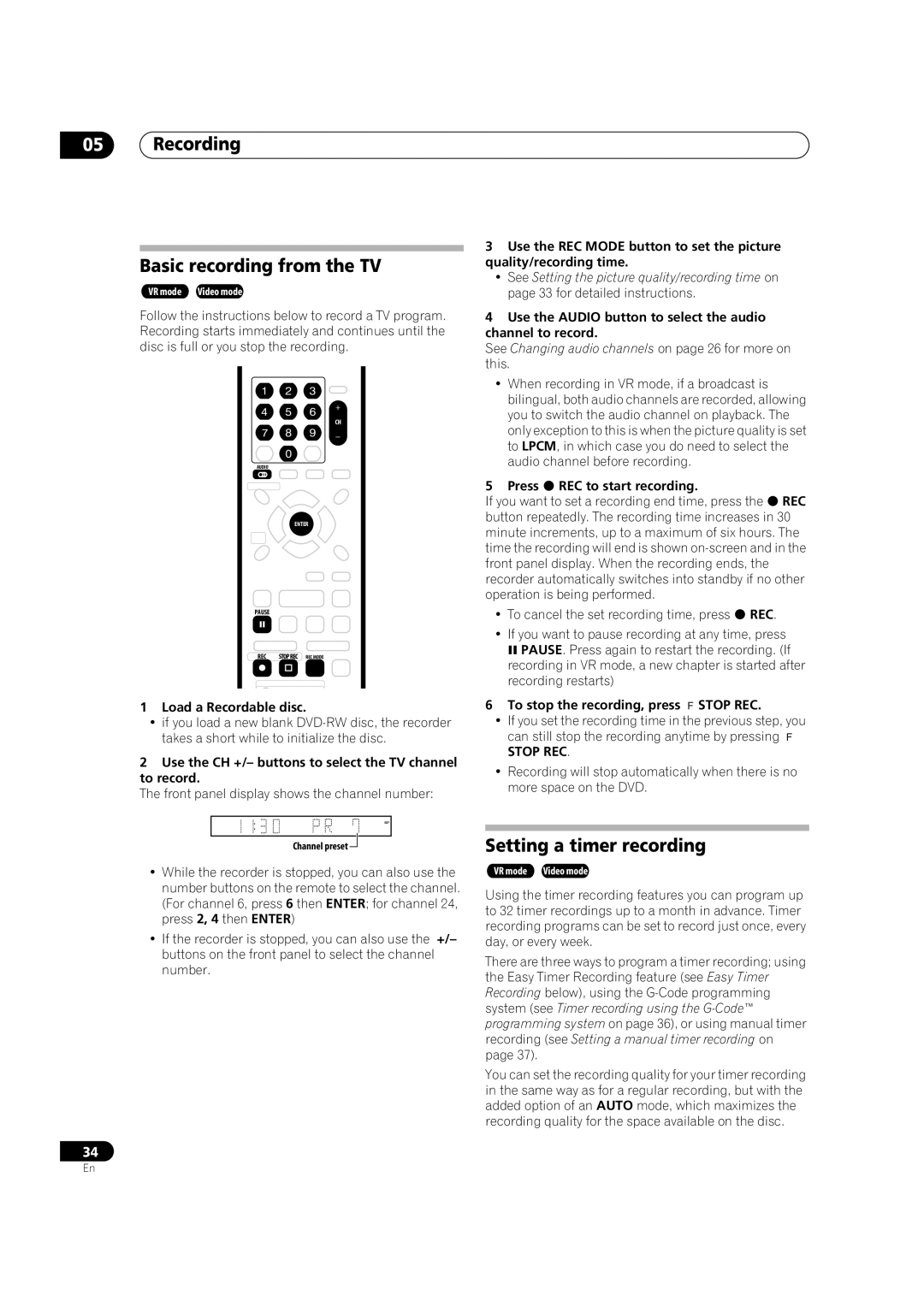 Pioneer DVR-330-S, DVR-310, DVR-7000 manual Recording Basic recording from the TV, Setting a timer recording 