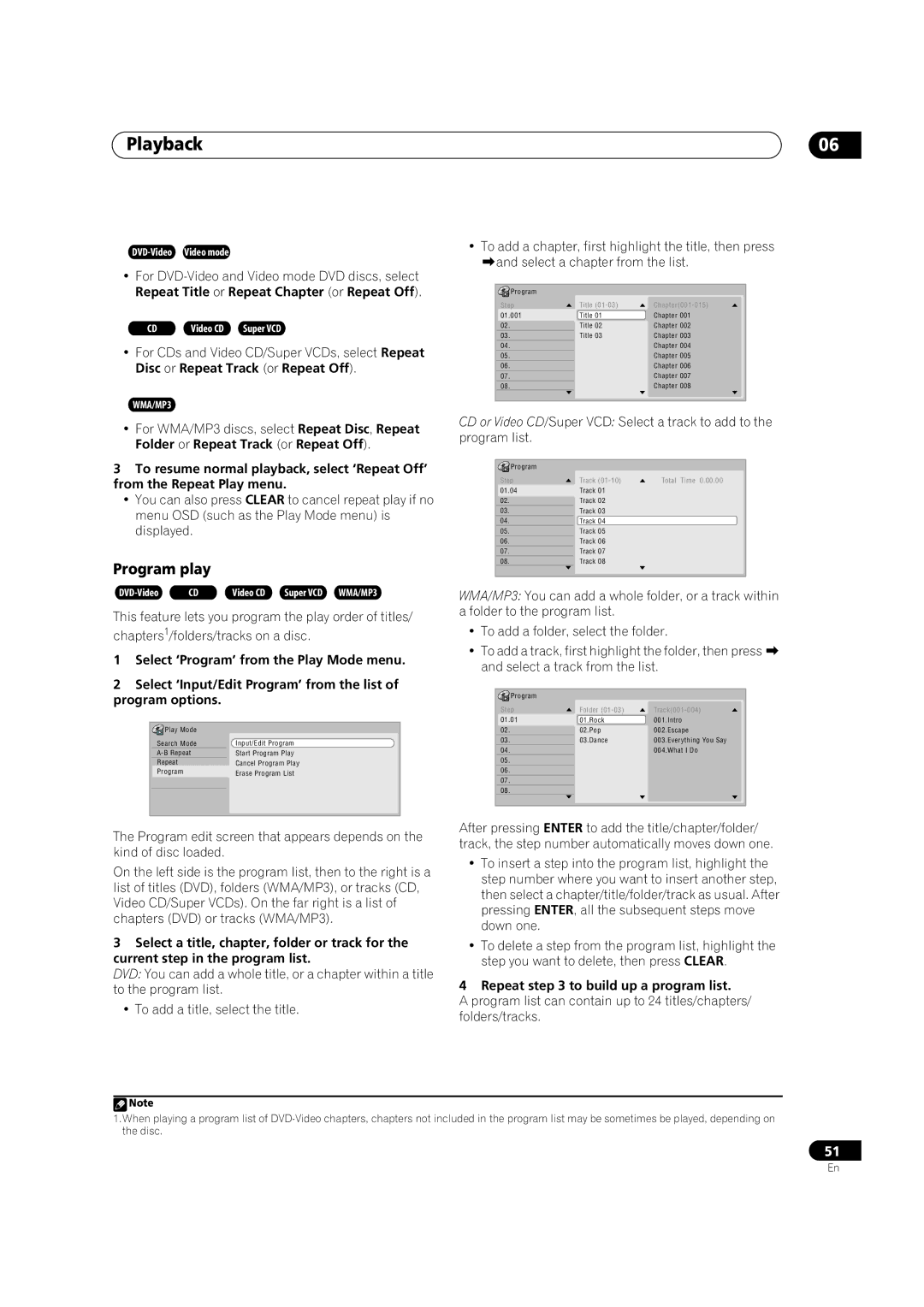 Pioneer DVR-310, DVR-330-S, DVR-7000 manual Program play, Repeat to build up a program list 