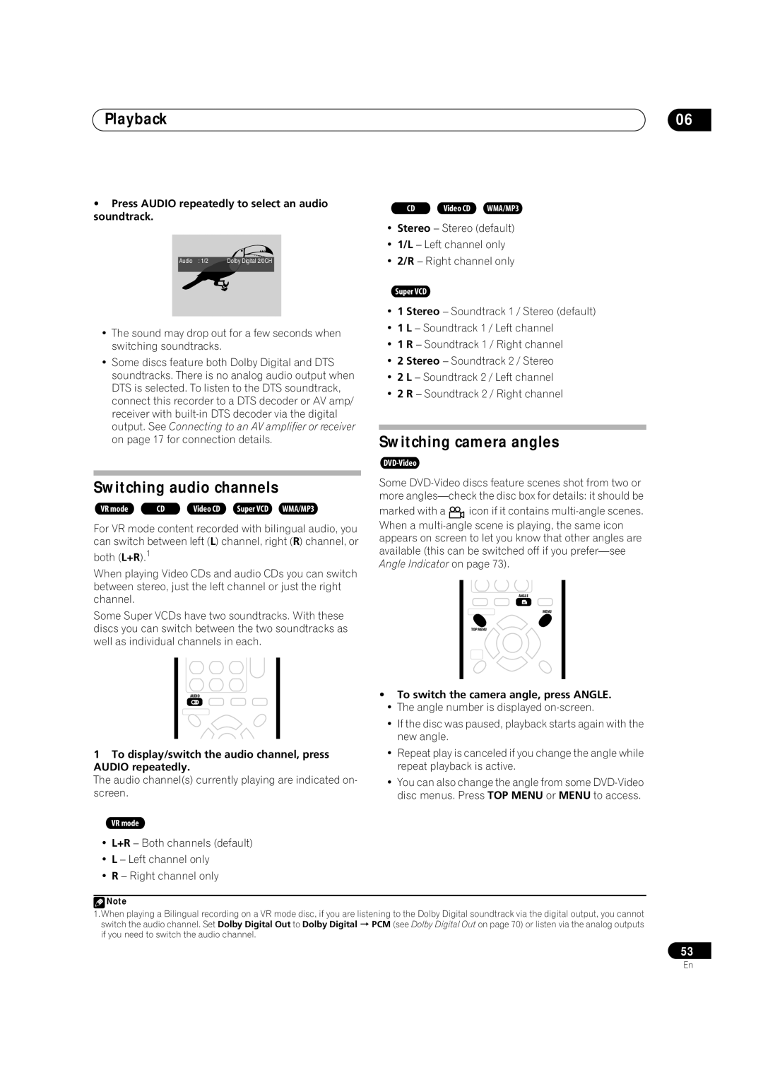 Pioneer DVR-7000 Switching audio channels, Switching camera angles, Press Audio repeatedly to select an audio soundtrack 