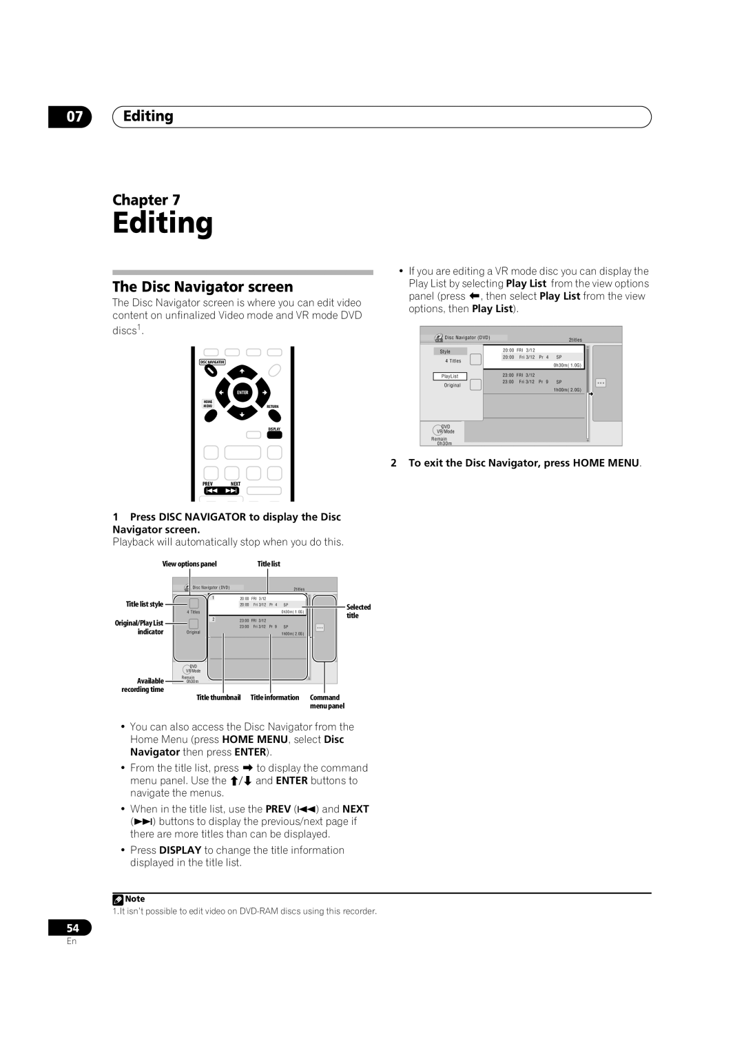 Pioneer DVR-310, DVR-330-S manual Editing Chapter, Disc Navigator screen, To exit the Disc Navigator, press Home Menu 