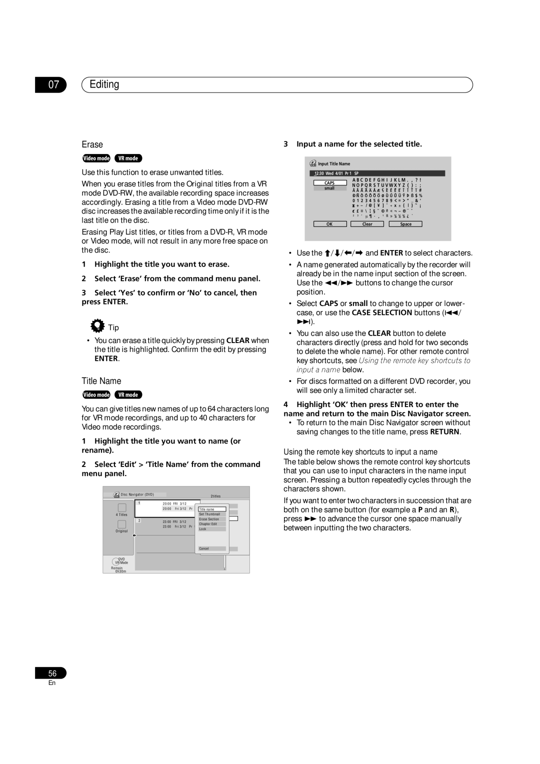 Pioneer DVR-7000, DVR-310, DVR-330-S manual Editing, Erase, Title Name, Using the remote key shortcuts to input a name 