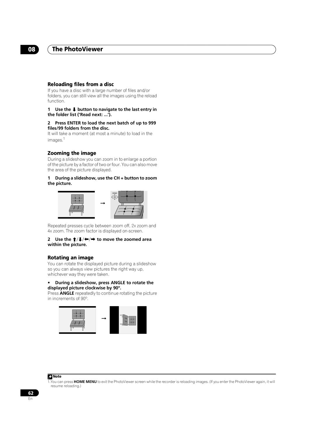 Pioneer DVR-7000, DVR-310, DVR-330-S manual PhotoViewer, Reloading files from a disc, Zooming the image, Rotating an image 