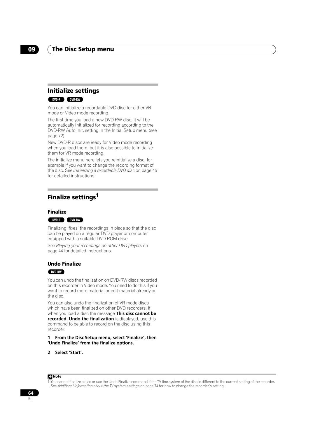 Pioneer DVR-330-S, DVR-310, DVR-7000 manual Disc Setup menu Initialize settings, Finalize settings1, Undo Finalize 
