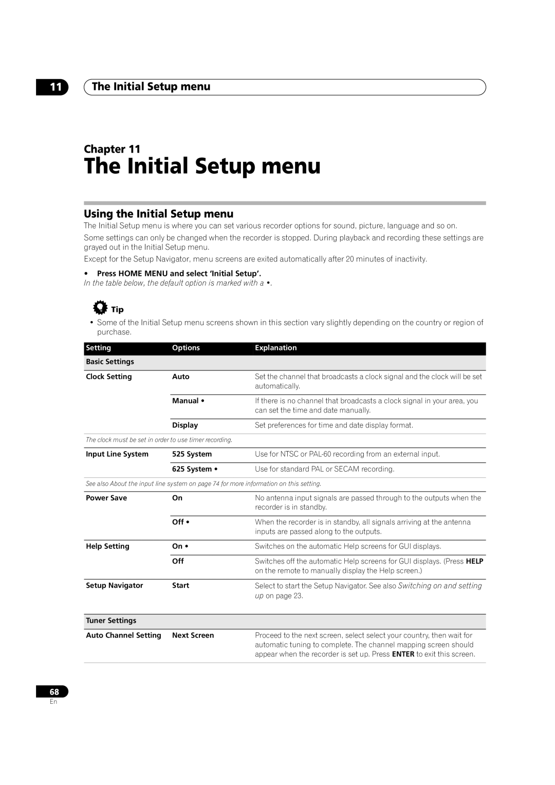 Pioneer DVR-7000, DVR-310 manual Initial Setup menu Chapter, Using the Initial Setup menu, Setting Options Explanation 