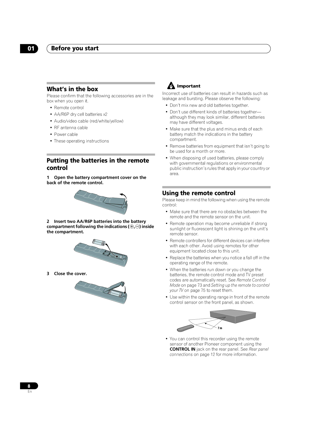 Pioneer DVR-7000 Before you start What’s in the box, Putting the batteries in the remote control, Using the remote control 