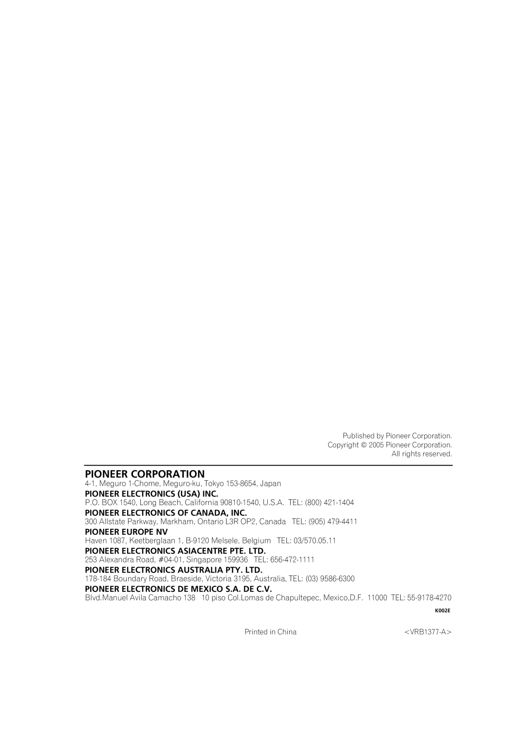 Pioneer DVR-7000, DVR-310, DVR-330-S manual Pioneer Corporation, VRB1377-A 