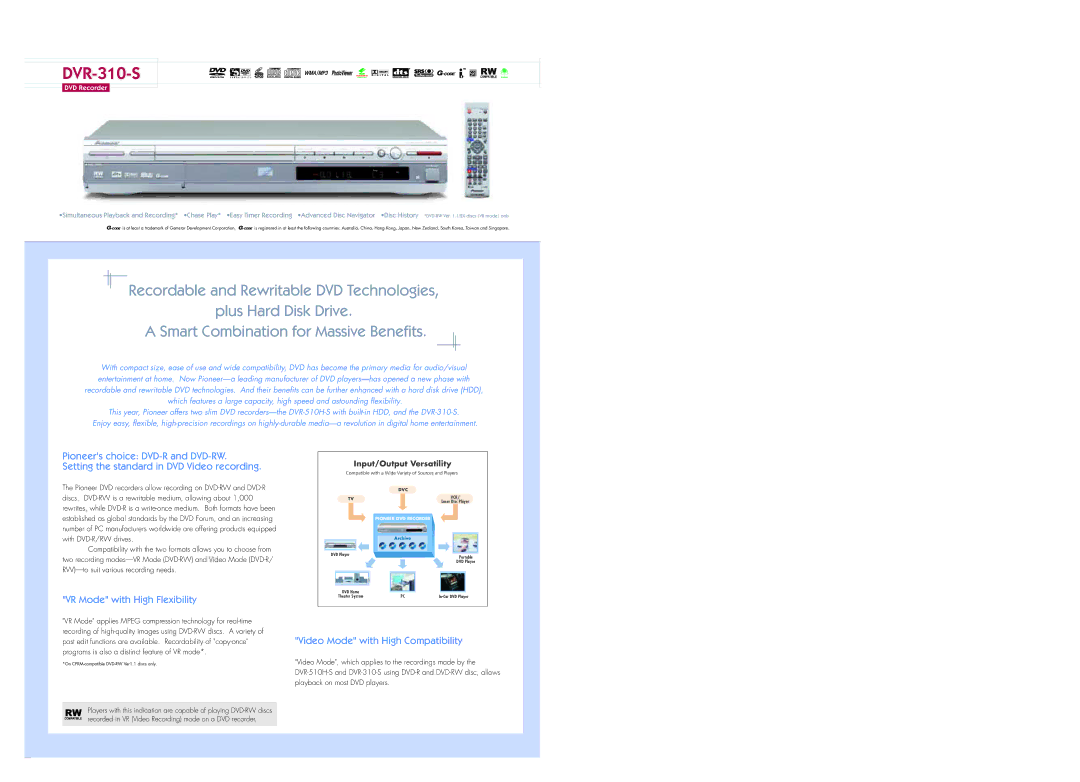 Pioneer DVR-310-S specifications DVD Recorder 