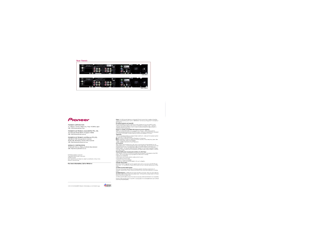 Pioneer specifications Rear Panels, DVR-310-S DVR-510H-S 