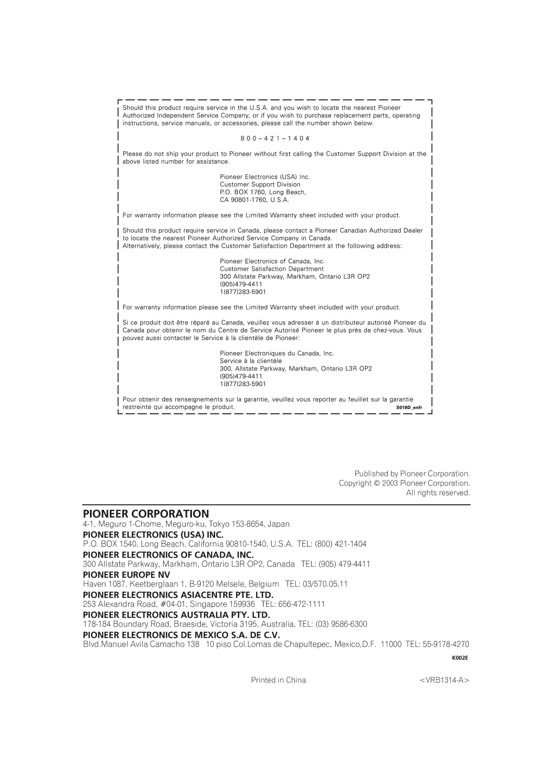 Pioneer DVR-310 operating instructions Pioneer Corporation, VRB1314-A 