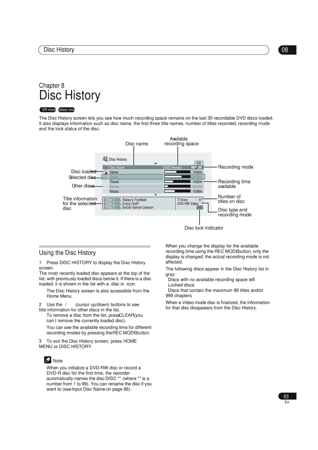 Pioneer DVR-310 operating instructions Disc History Chapter, Using the Disc History 