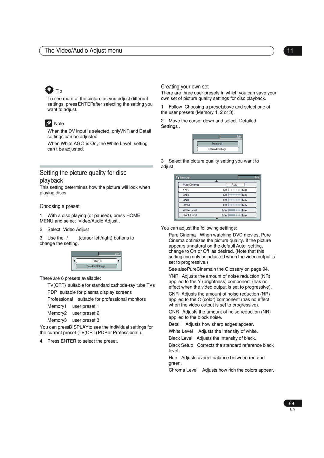 Pioneer DVR-310 operating instructions Video/Audio Adjust menu, Setting the picture quality for disc playback 