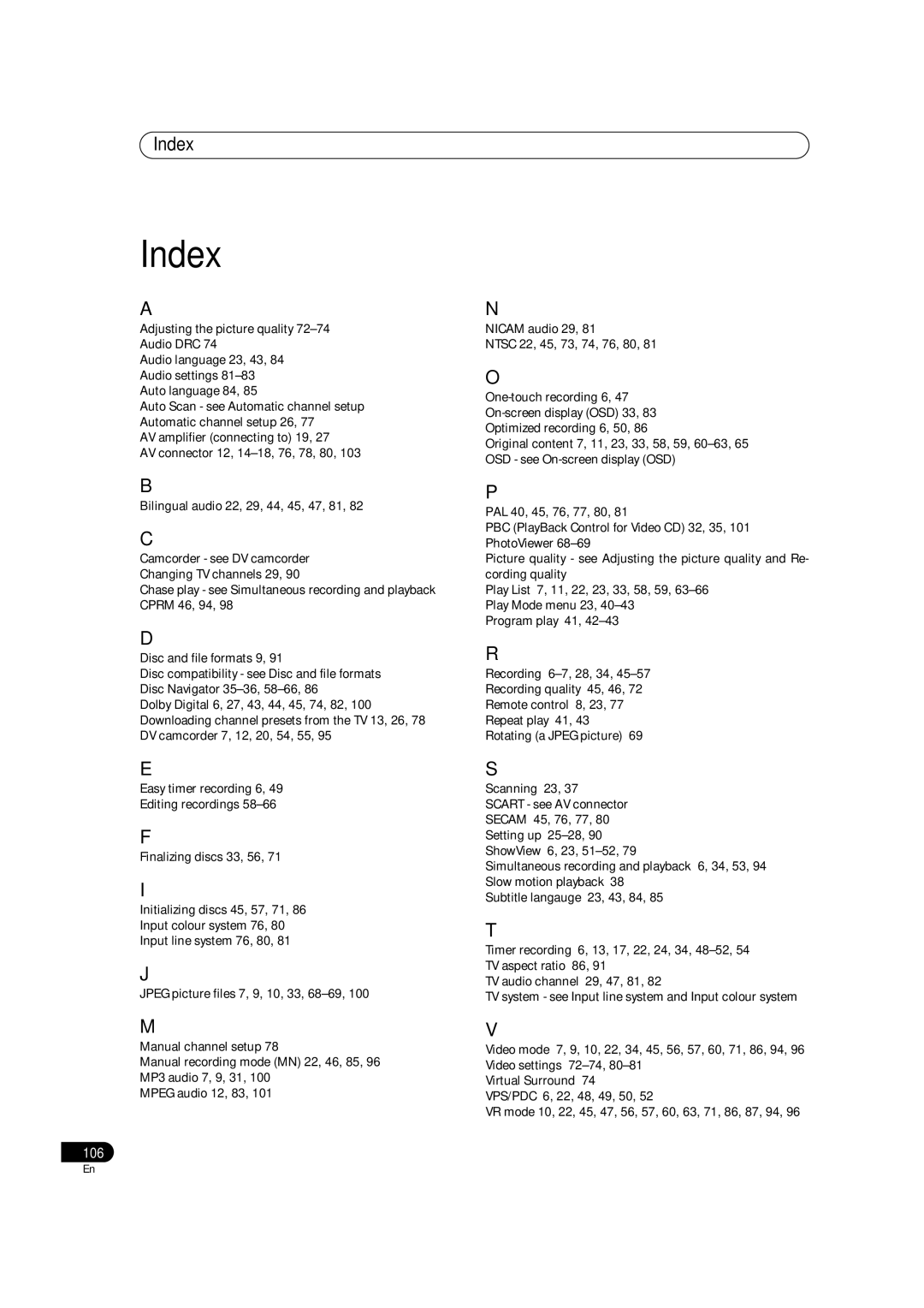 Pioneer DVR-3100 operating instructions Index 