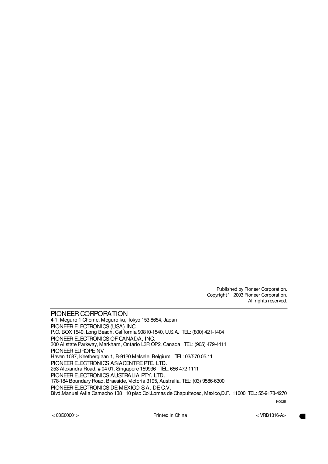 Pioneer DVR-3100 operating instructions Pioneer Corporation, VRB1316-A 