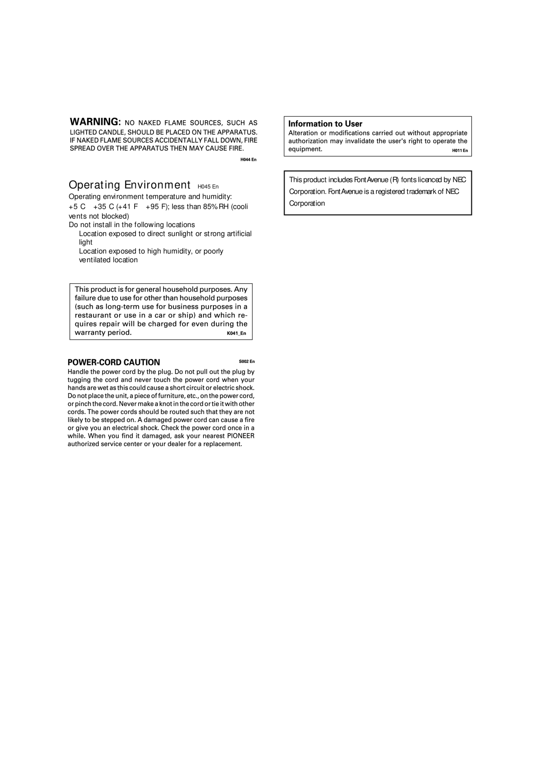 Pioneer DVR-3100 operating instructions Operating Environment H045 En 