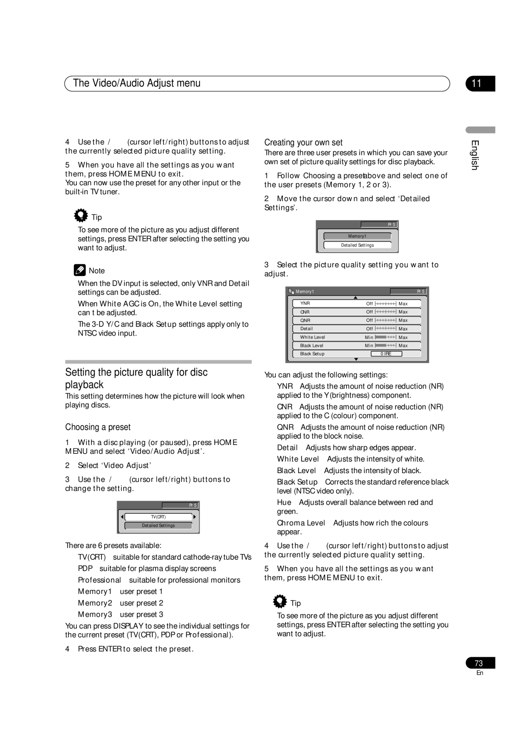 Pioneer DVR-3100 operating instructions Video/Audio Adjust menu, Setting the picture quality for disc playback 