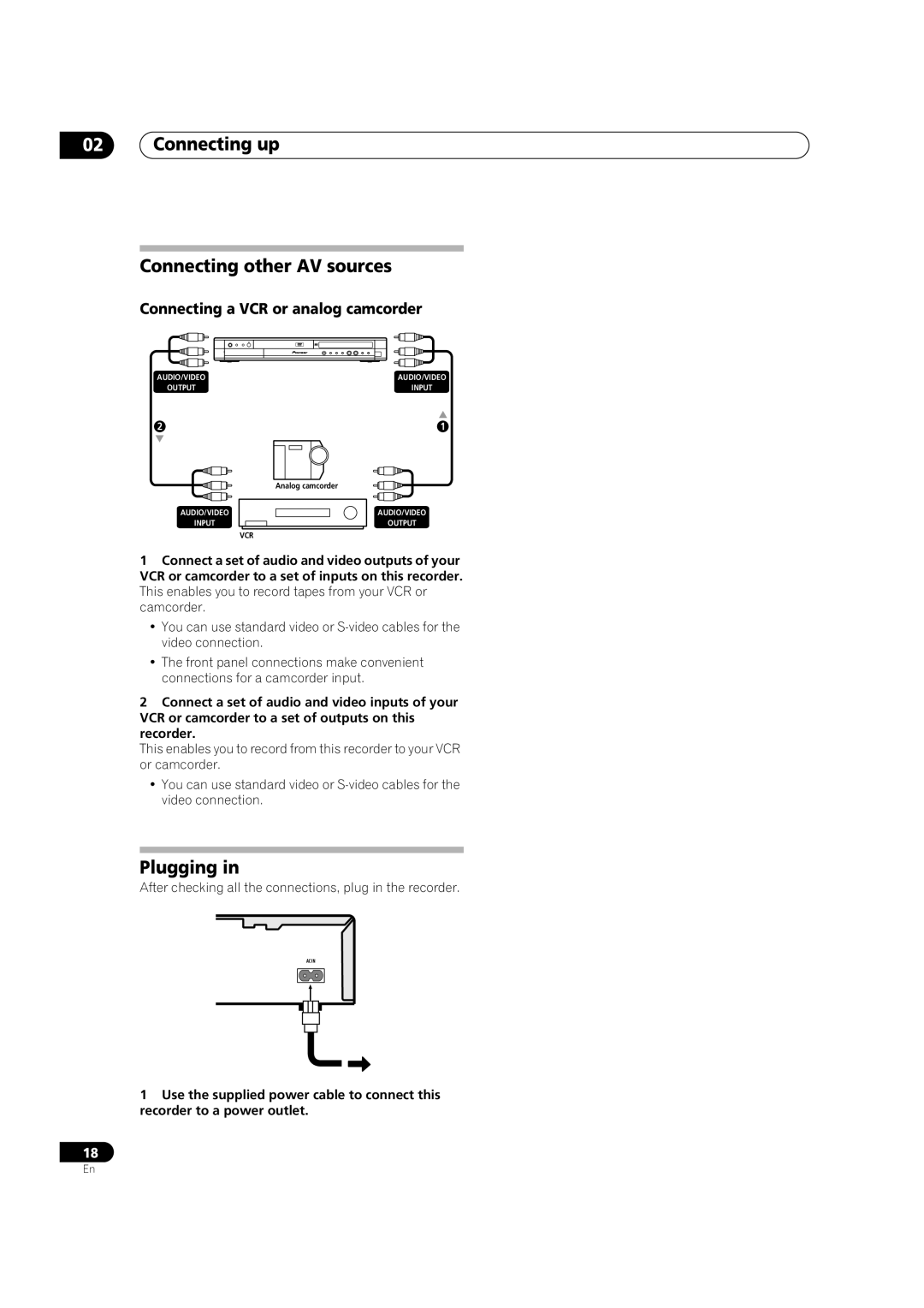 Pioneer DVR-320-S Connecting up Connecting other AV sources, Plugging, Connecting a VCR or analog camcorder 