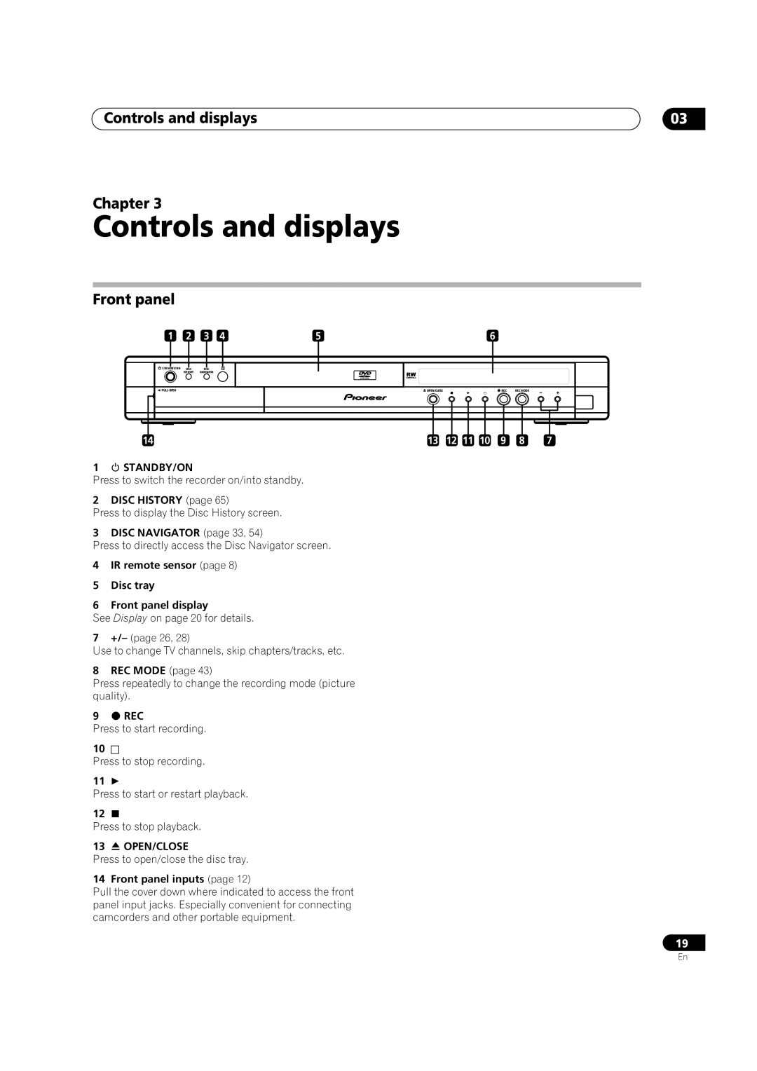 Pioneer DVR-320-S operating instructions Controls and displays Chapter, Front panel 