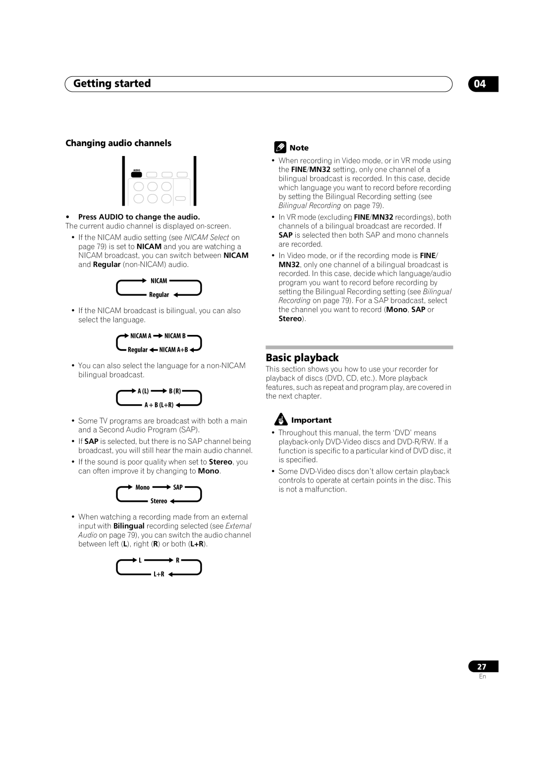 Pioneer DVR-320-S operating instructions Basic playback, Changing audio channels, Nicam a Nicam B 