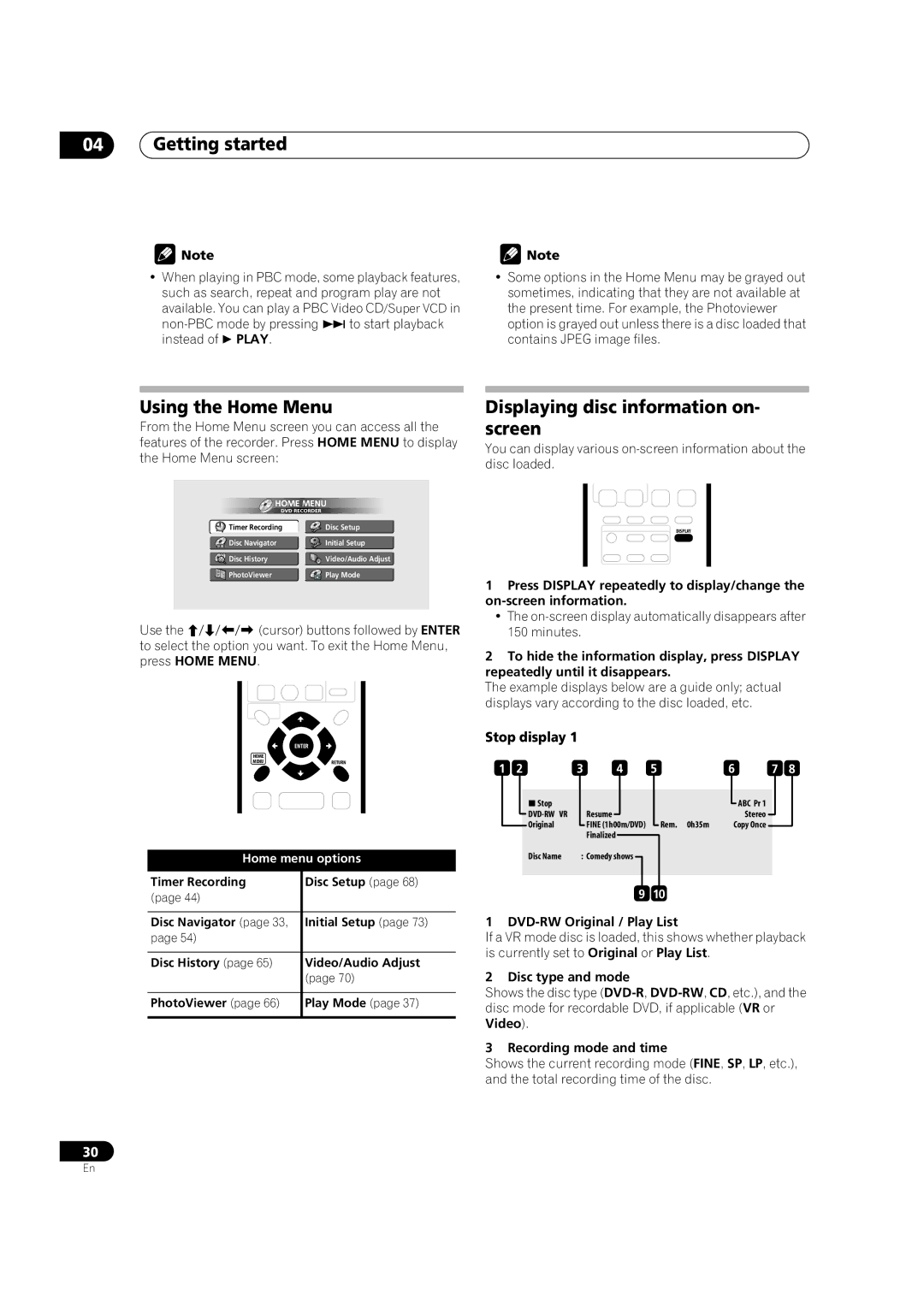 Pioneer DVR-320-S operating instructions Using the Home Menu, Displaying disc information on- screen, Stop display 