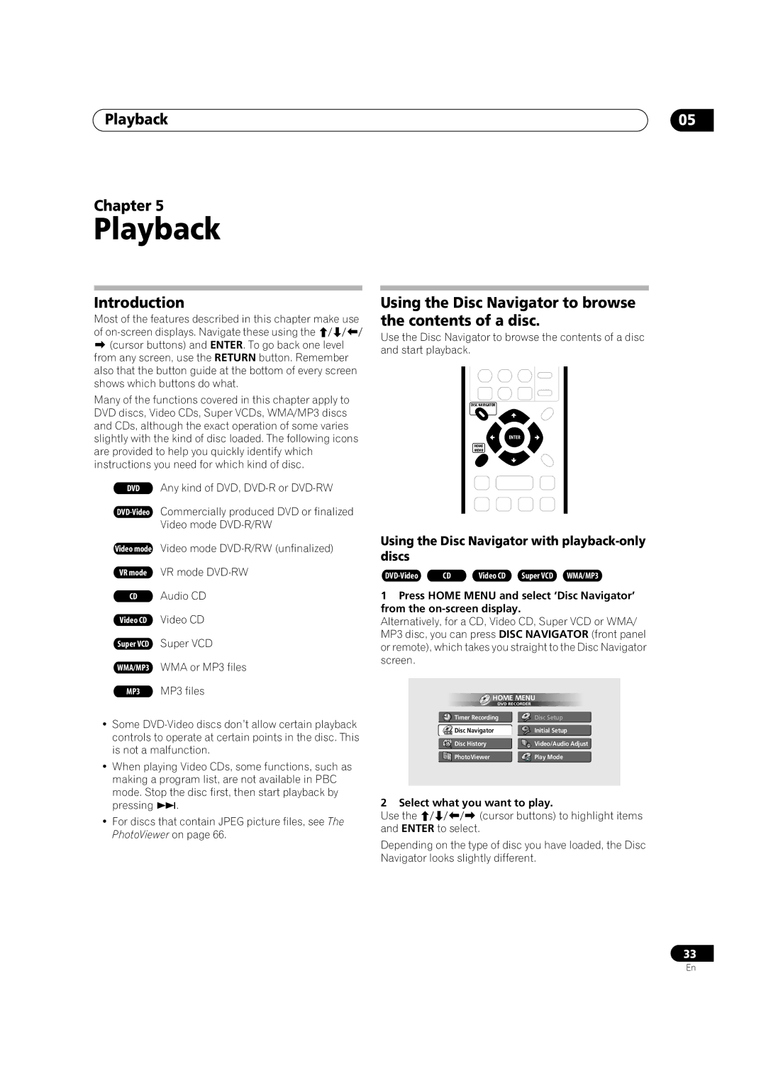 Pioneer DVR-320-S Playback Chapter, Introduction, Using the Disc Navigator to browse the contents of a disc 