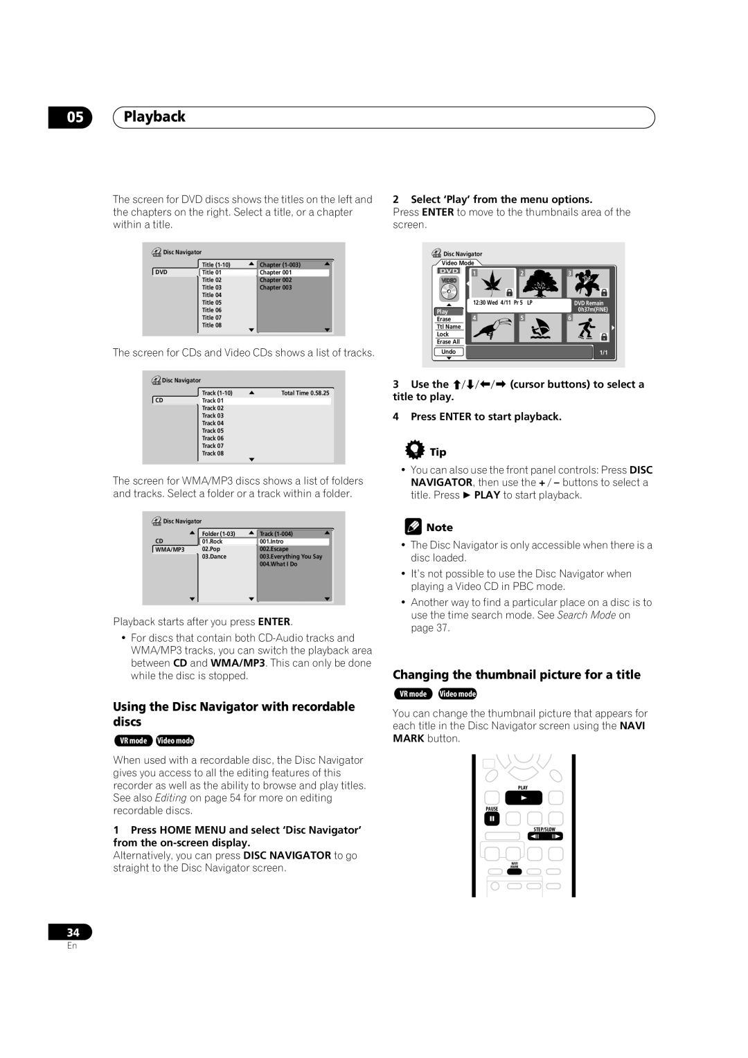 Pioneer DVR-320-S Playback, Using the Disc Navigator with recordable discs, Changing the thumbnail picture for a title 