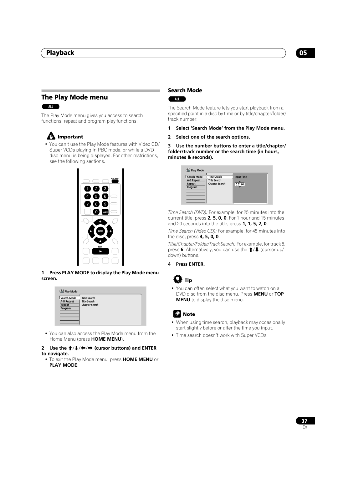 Pioneer DVR-320-S operating instructions Playback Play Mode menu, Search Mode 