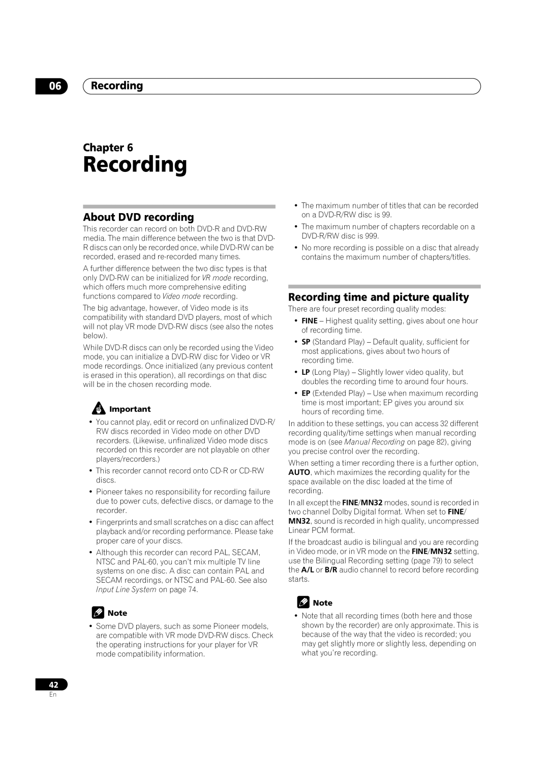 Pioneer DVR-320-S operating instructions Recording Chapter, About DVD recording, Recording time and picture quality 