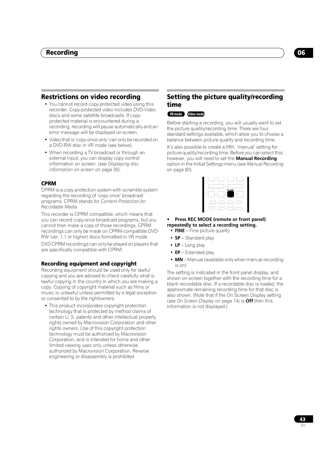 Pioneer DVR-320-S Recording Restrictions on video recording, Setting the picture quality/recording time 