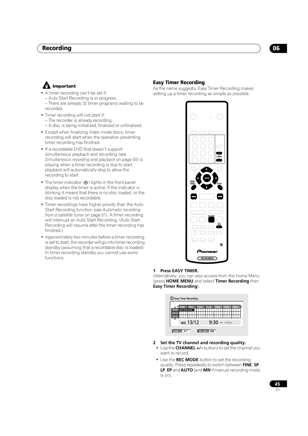 Pioneer DVR-320-S Easy Timer Recording, Press Easy Timer, Set the TV channel and recording quality 