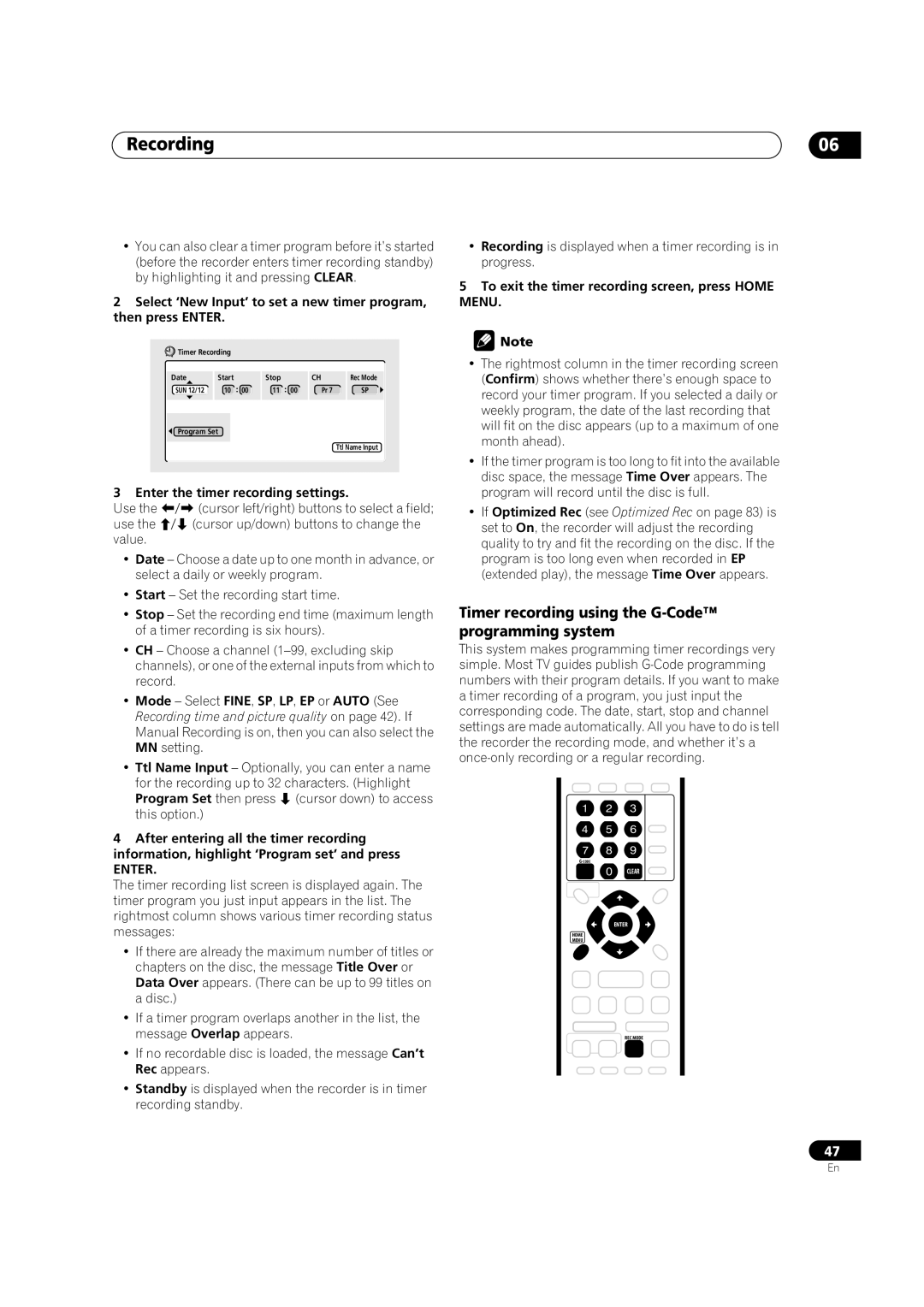 Pioneer DVR-320-S Timer recording using the G-Code programming system, Enter the timer recording settings 