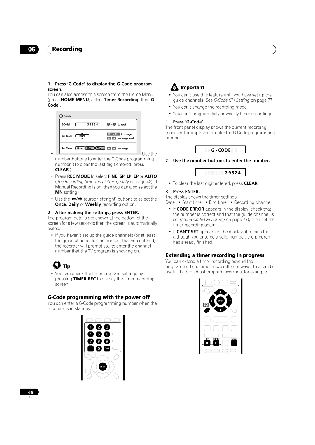 Pioneer DVR-320-S Code programming with the power off, Cod E, Extending a timer recording in progress 