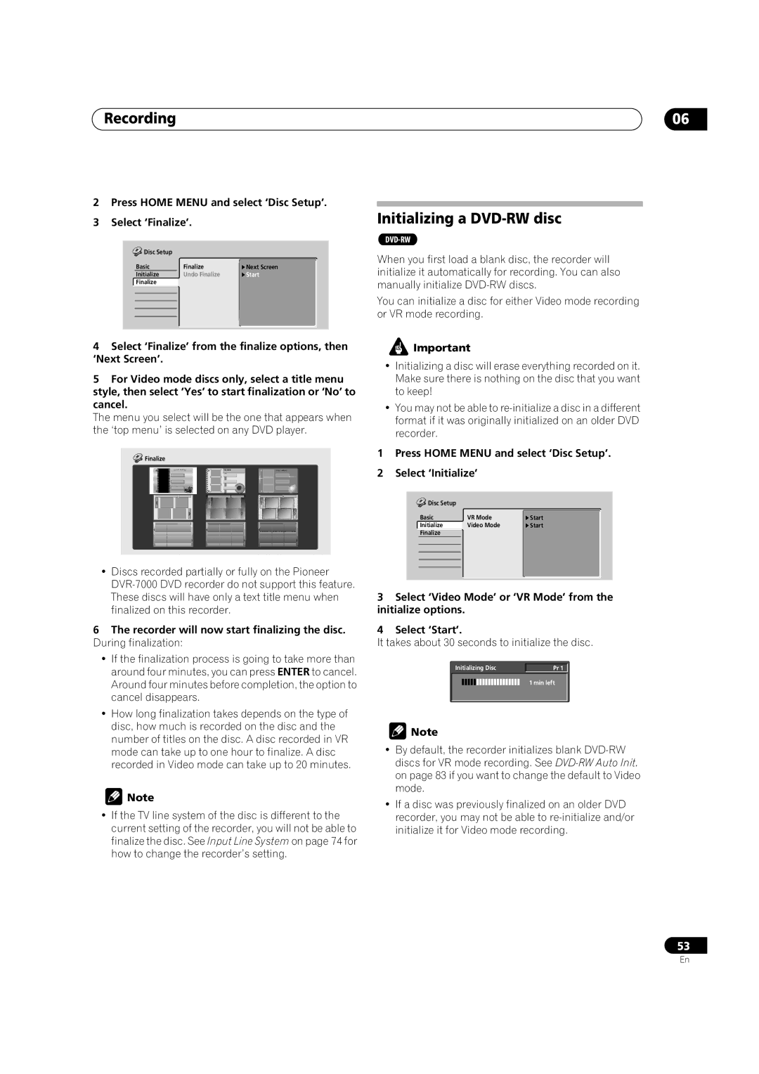 Pioneer DVR-320-S Initializing a DVD-RW disc, Press Home Menu and select ‘Disc Setup’ Select ‘Finalize’ 