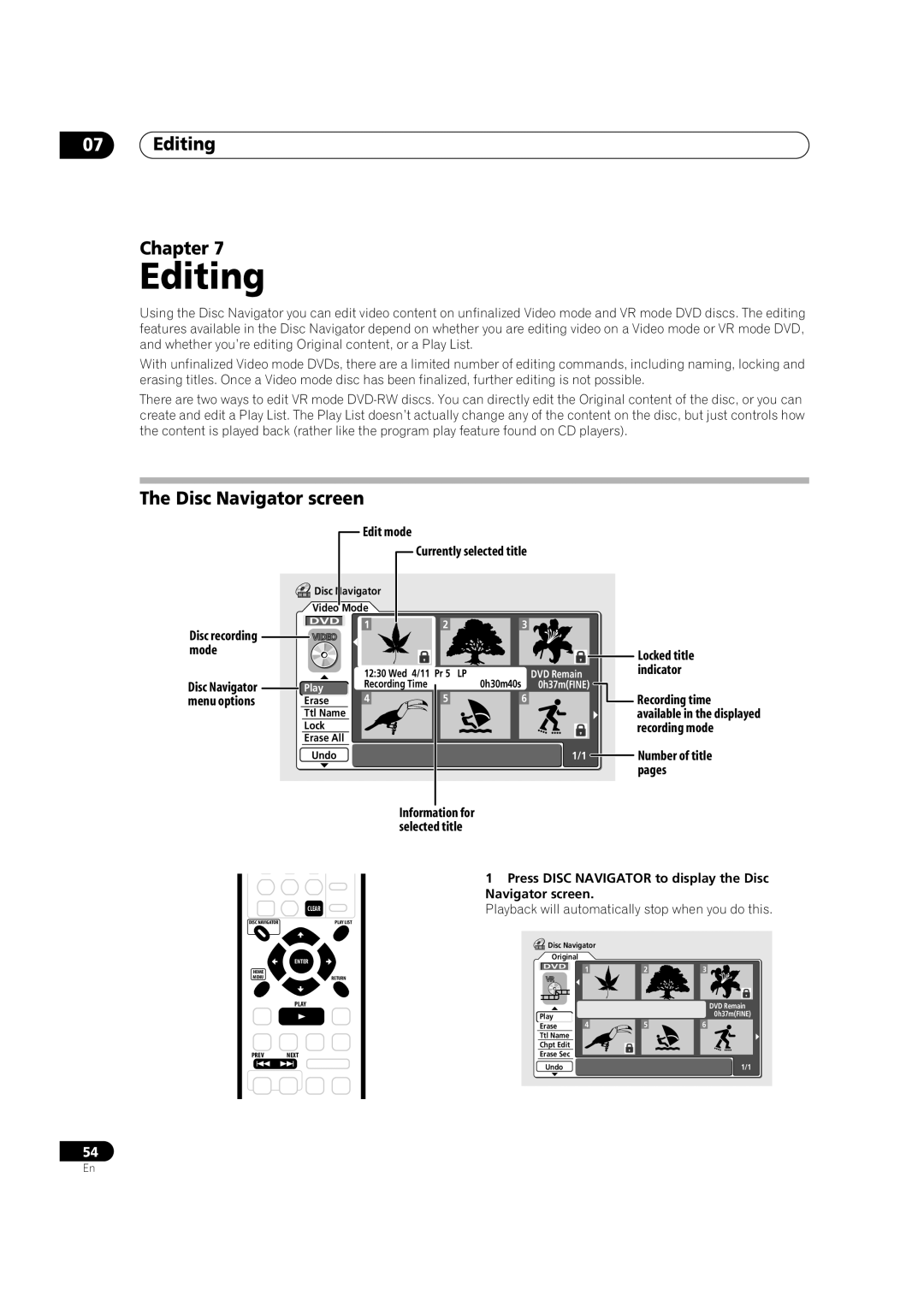 Pioneer DVR-320-S operating instructions Editing Chapter, Disc Navigator screen 