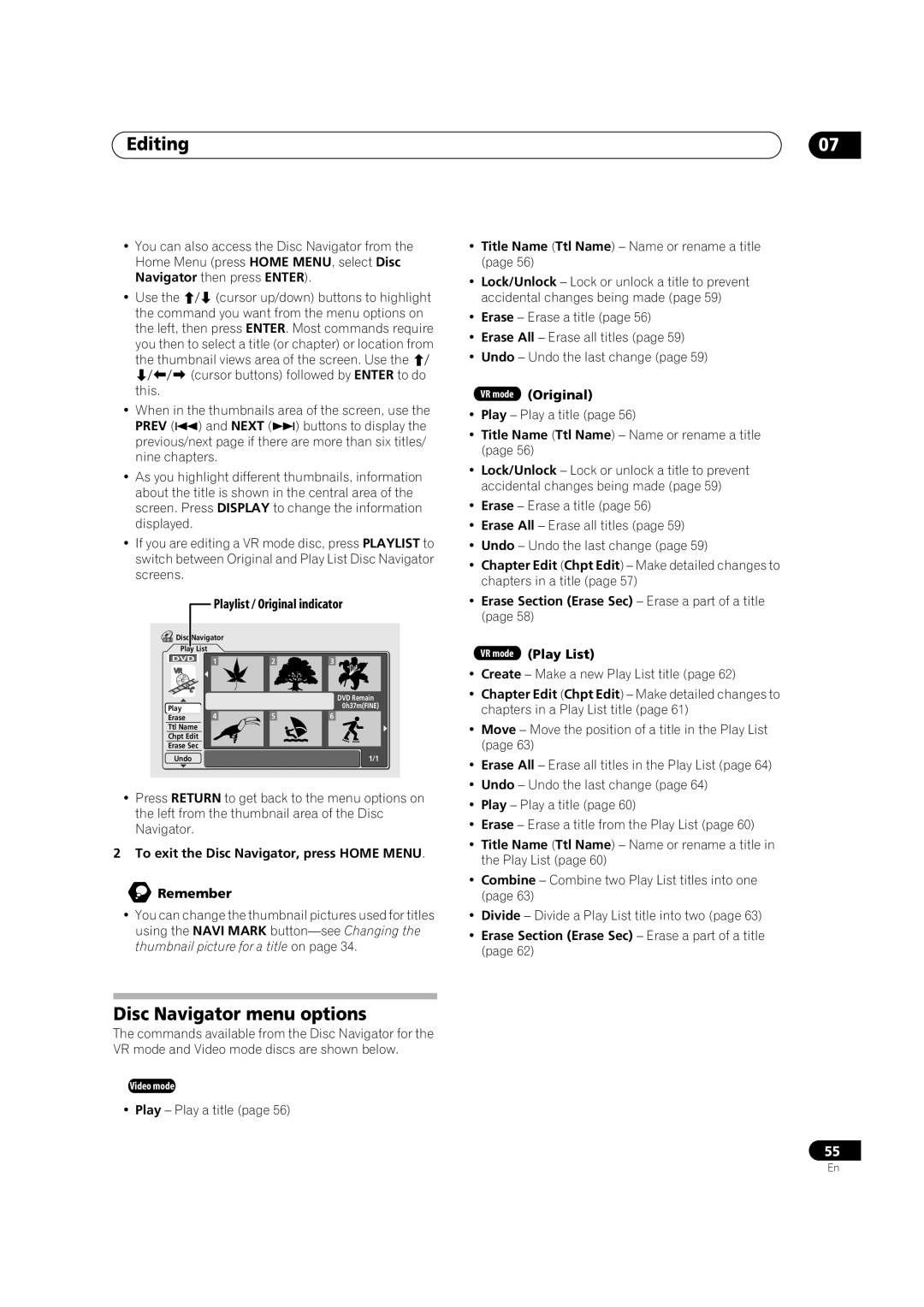 Pioneer DVR-320-S operating instructions Editing, Disc Navigator menu options, Playlist / Original indicator 