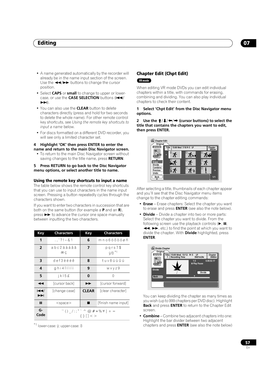 Pioneer DVR-320-S Chapter Edit Chpt Edit, Using the remote key shortcuts to input a name, I 4 î ï ì í ¡, L 5 £ 