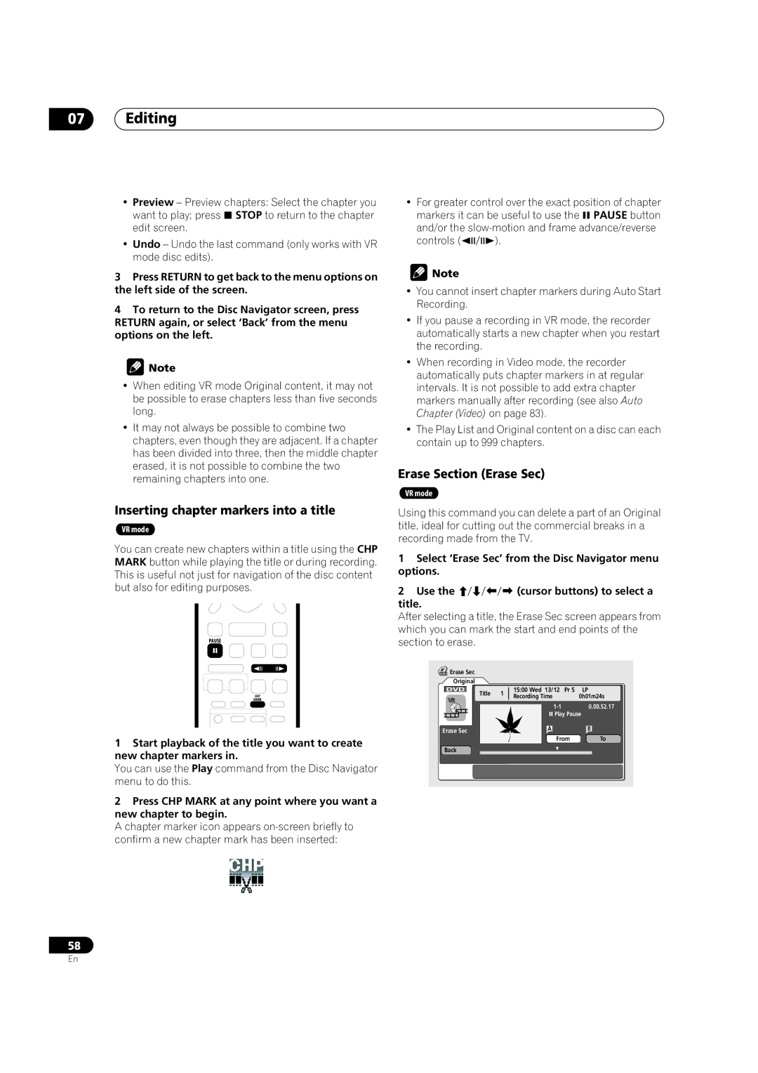 Pioneer DVR-320-S operating instructions Inserting chapter markers into a title, Erase Section Erase Sec, Title 