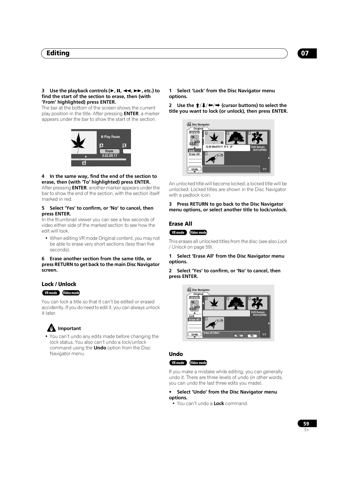 Pioneer DVR-320-S operating instructions Lock / Unlock, Erase All, Select ‘Undo’ from the Disc Navigator menu options 