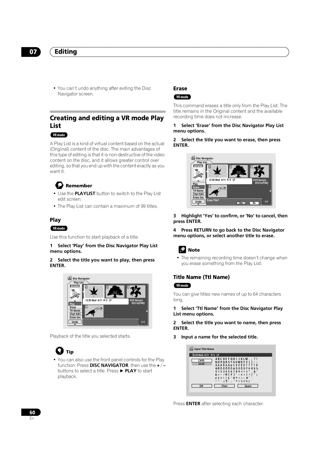 Pioneer DVR-320-S Creating and editing a VR mode Play List, You can give titles new names of up to 64 characters long 