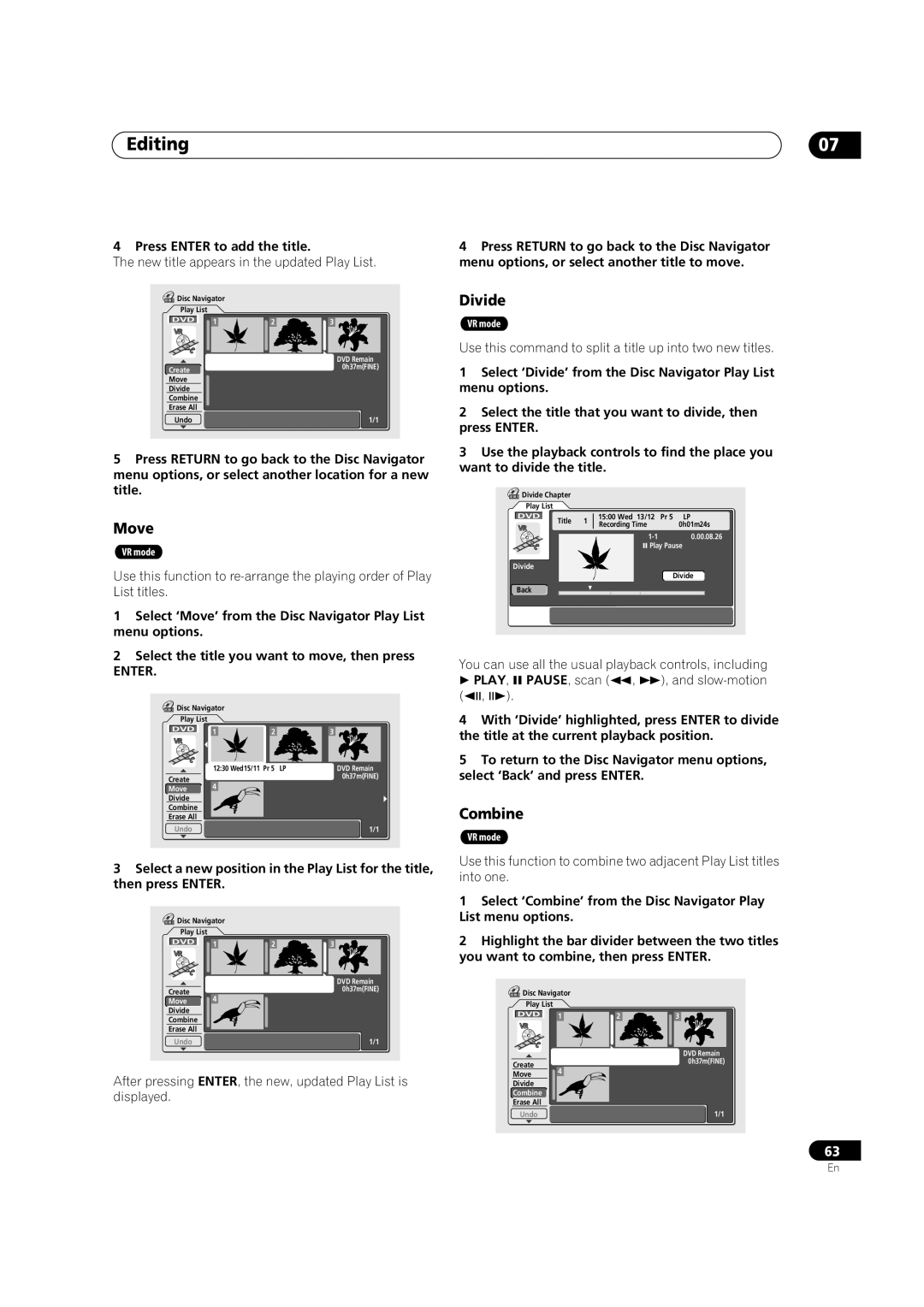 Pioneer DVR-320-S operating instructions Divide, Move, Combine, Press Enter to add the title 