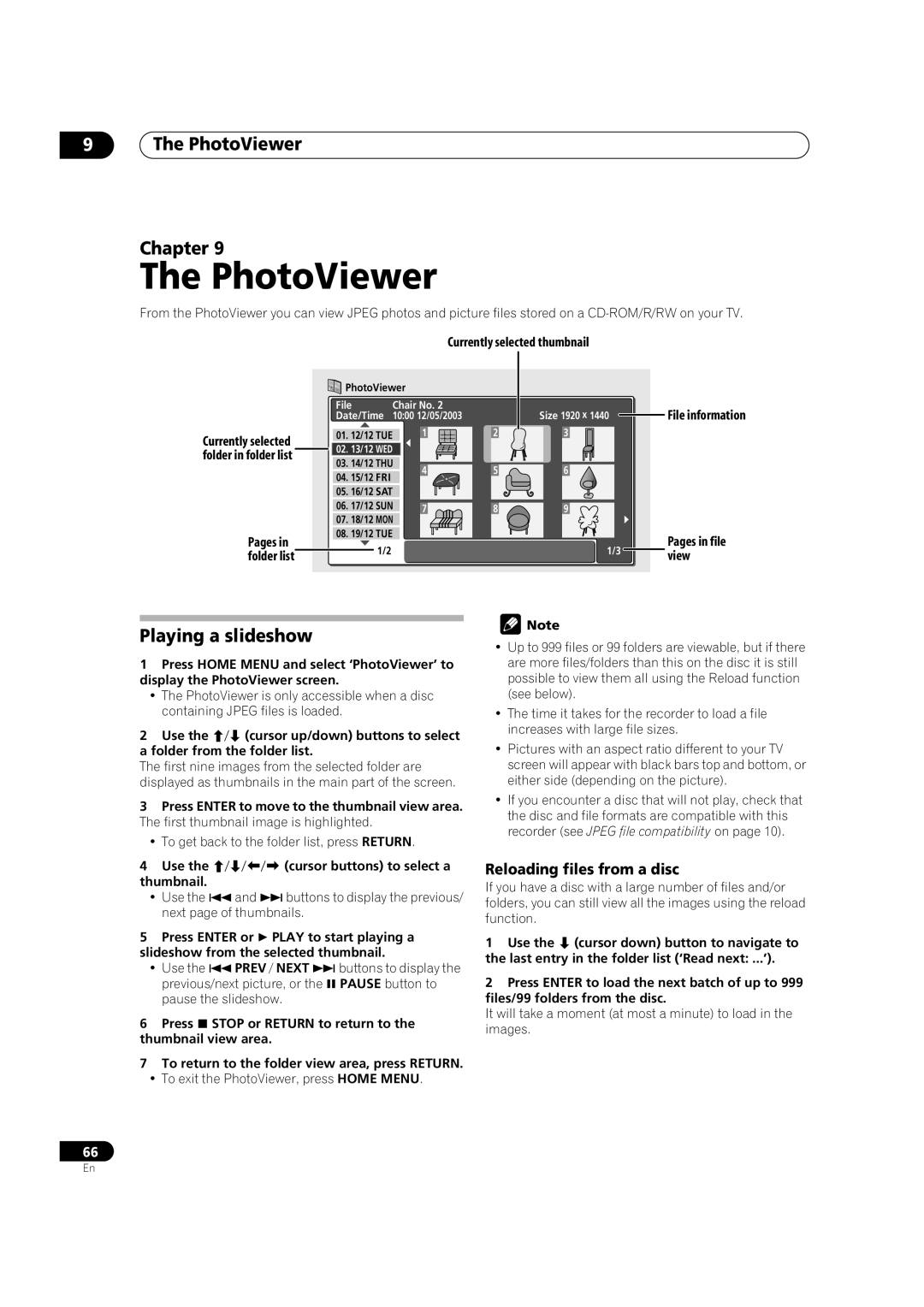 Pioneer DVR-320-S operating instructions PhotoViewer Chapter, Playing a slideshow, Reloading files from a disc 