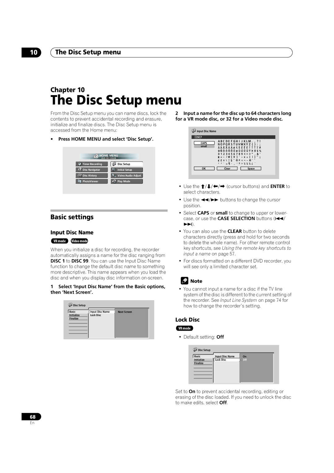 Pioneer DVR-320-S operating instructions Disc Setup menu Chapter, Basic settings, Input Disc Name, Lock Disc 