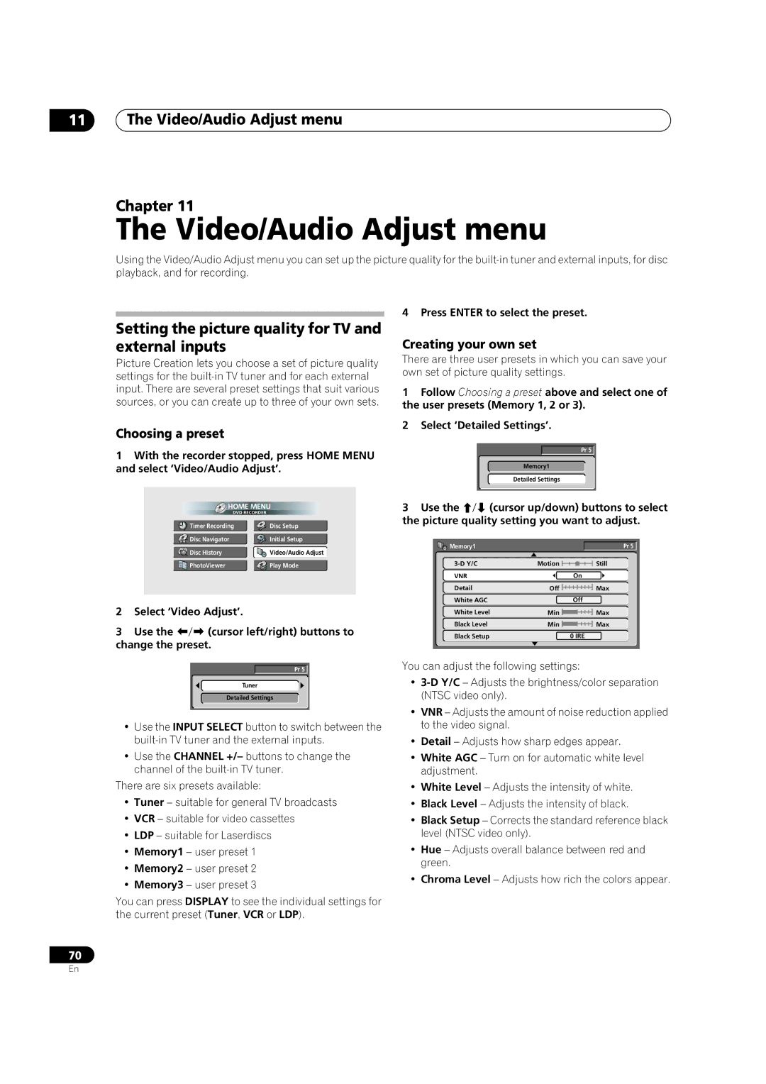 Pioneer DVR-320-S Video/Audio Adjust menu Chapter, Setting the picture quality for TV and external inputs 