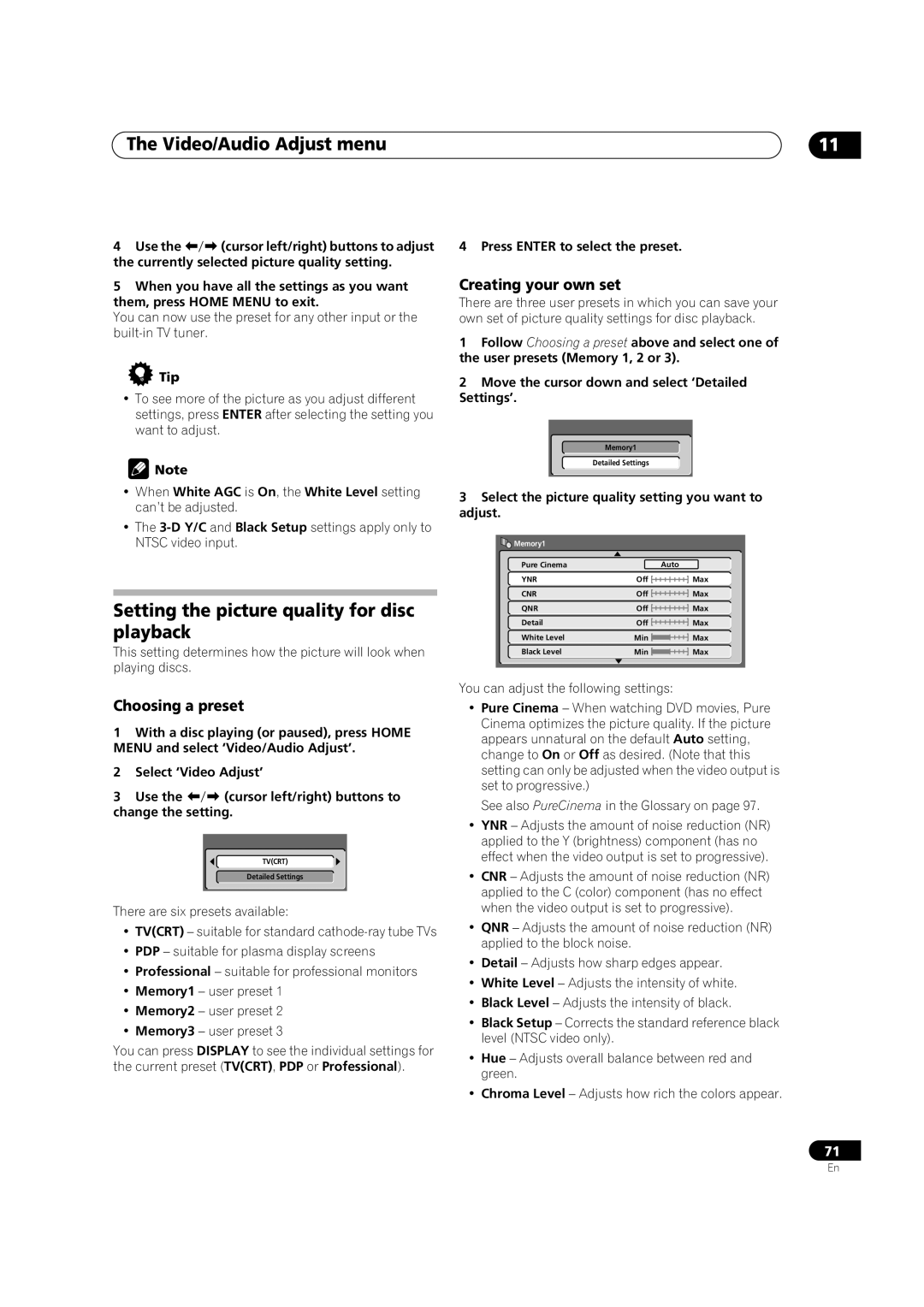 Pioneer DVR-320-S operating instructions Video/Audio Adjust menu, Setting the picture quality for disc playback 