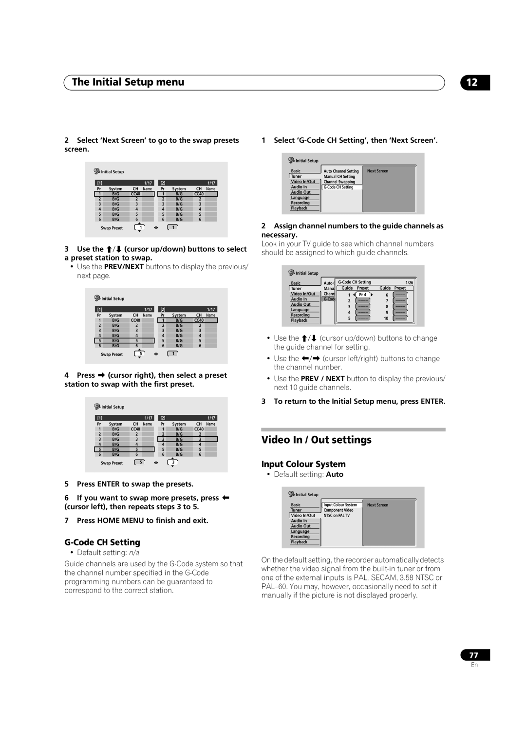 Pioneer DVR-320-S operating instructions Video In / Out settings, Code CH Setting, Input Colour System 