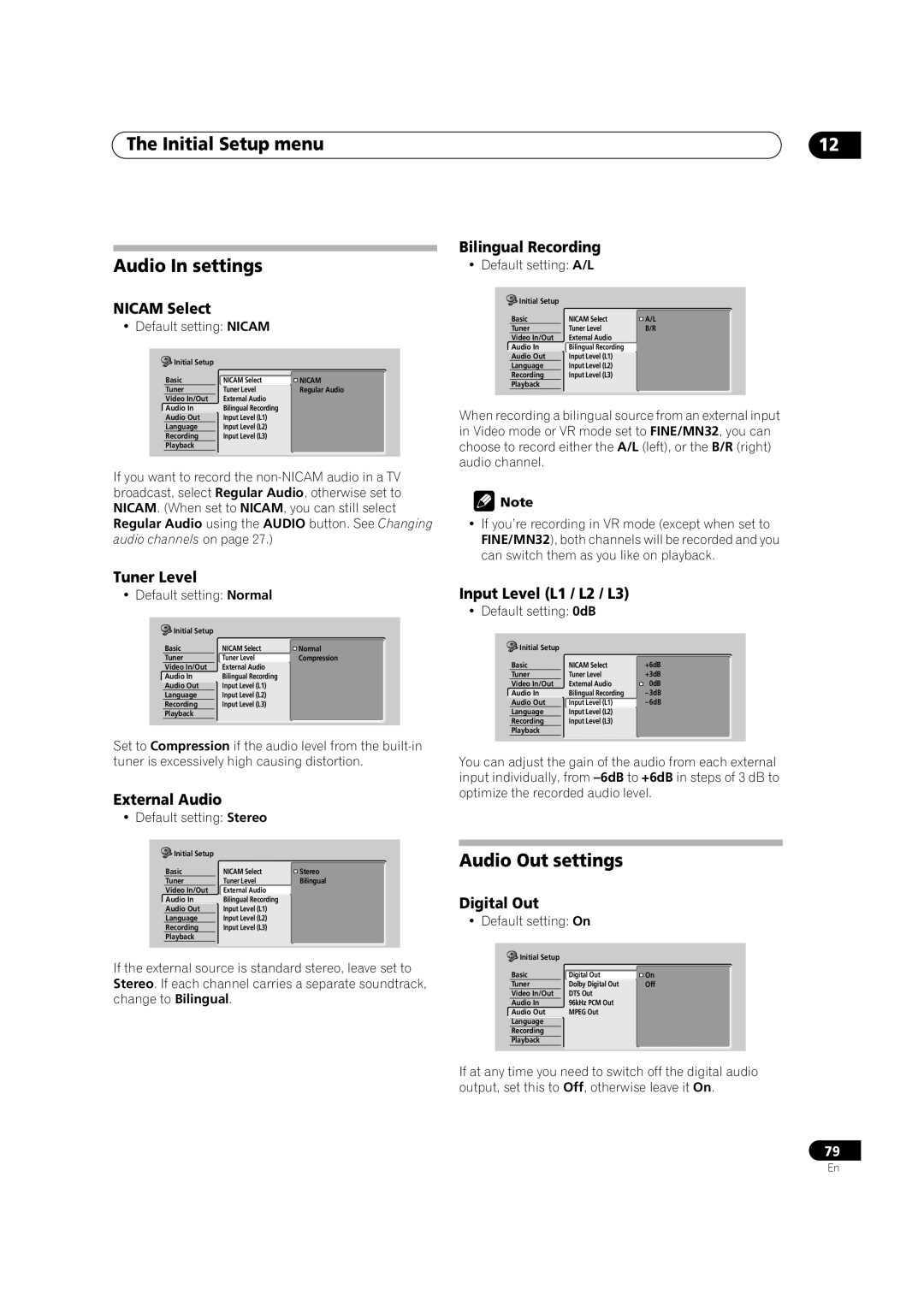 Pioneer DVR-320-S operating instructions Initial Setup menu Audio In settings, Audio Out settings 