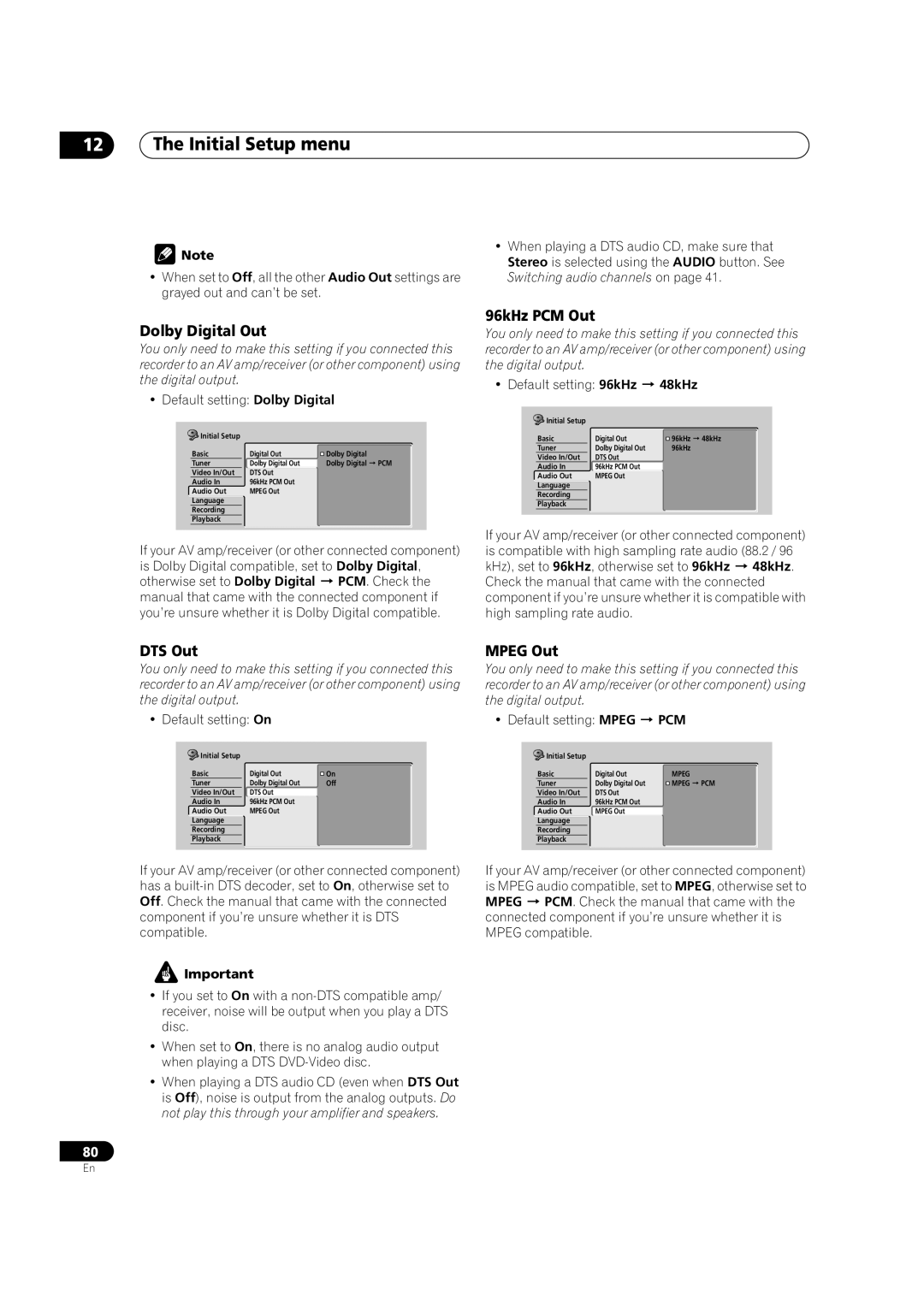 Pioneer DVR-320-S operating instructions Dolby Digital Out, 96kHz PCM Out, DTS Out, Mpeg Out, Pcm 